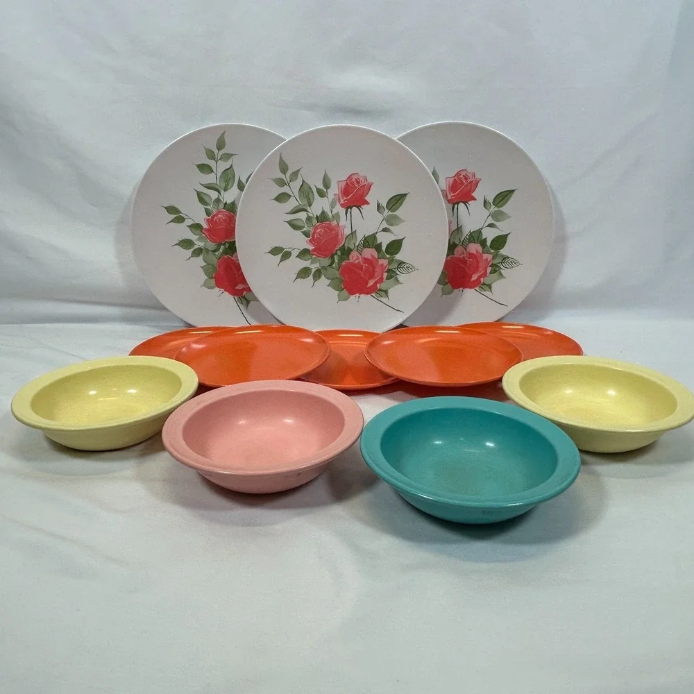 Vintage Dish Set Bowl Plate Melamine PROLON Ware Melmac MCM 1950s 1960s Floral